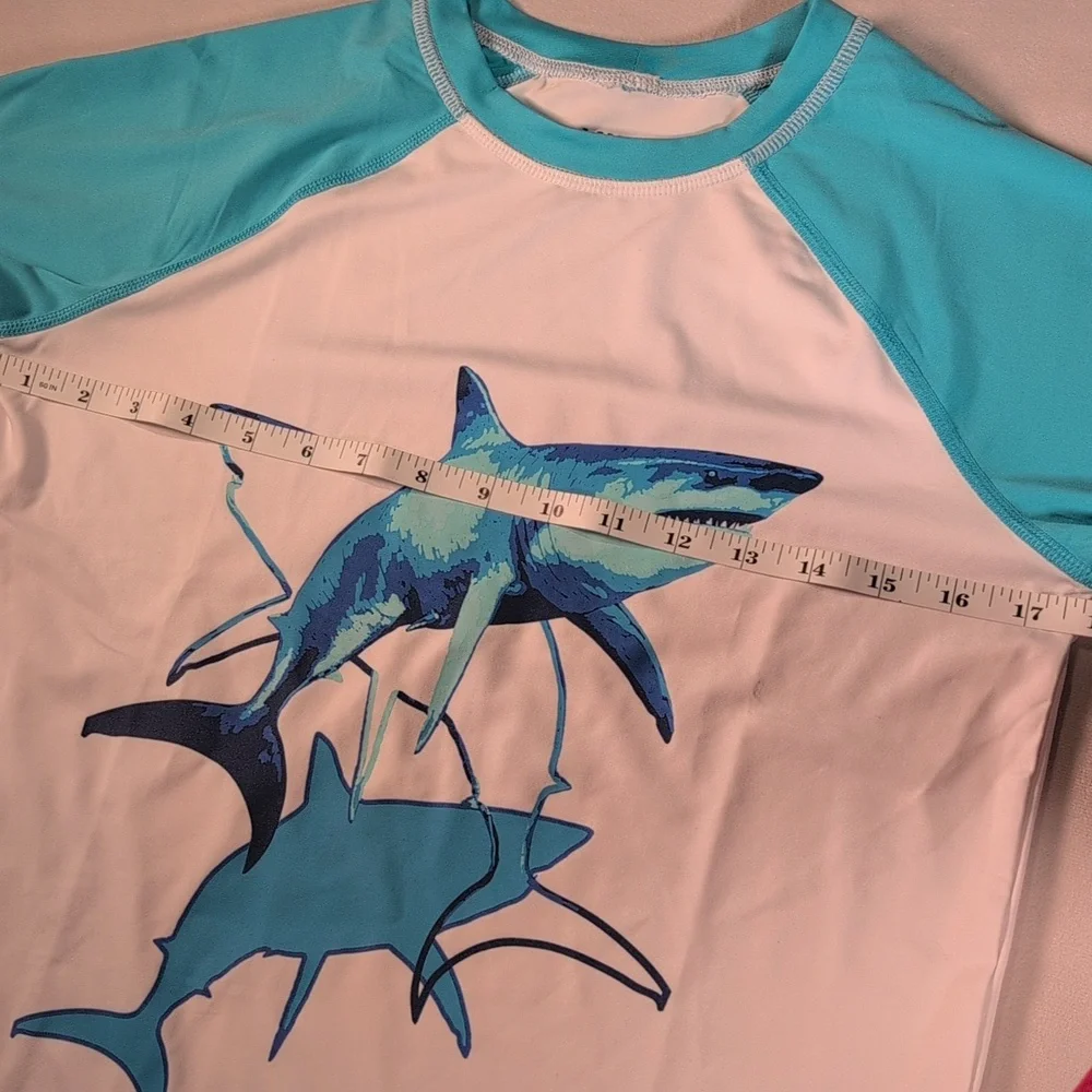 Lands' End Shark Short Sleeve Rash Guard Swim Shirt Boys Size XL